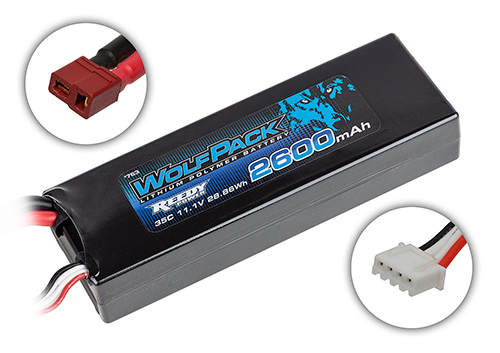 (Pictured: #763 WolfPack LiPo 2600mAh 35C 3S 11.1V with T-plug.)